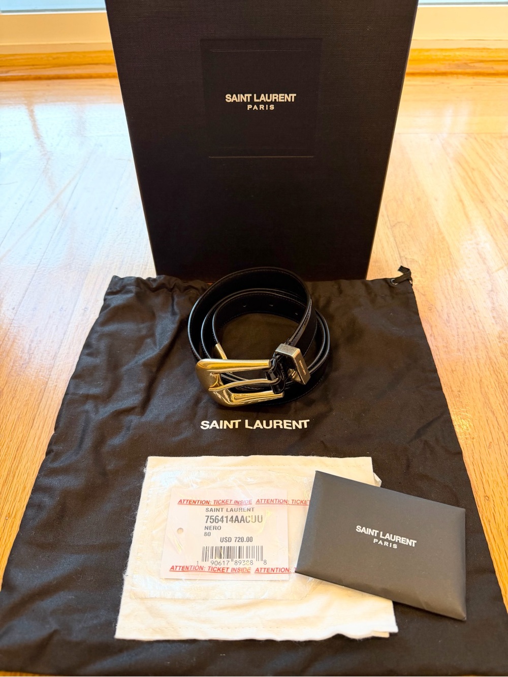 New Saint Laurent Folk Belt Black/Gold Size 80